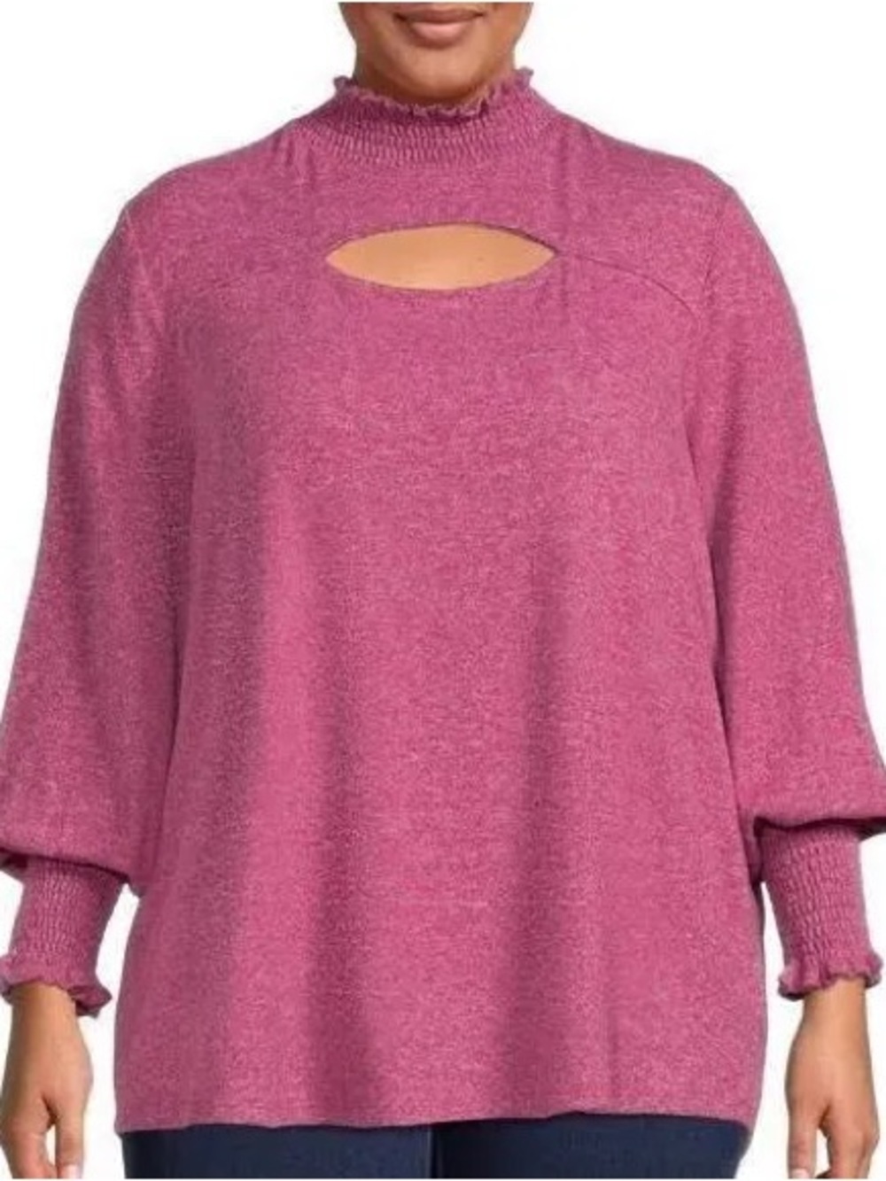 Terra and Sky Ruffled Mock Neck Keyhole Pullover - Dusty Rose